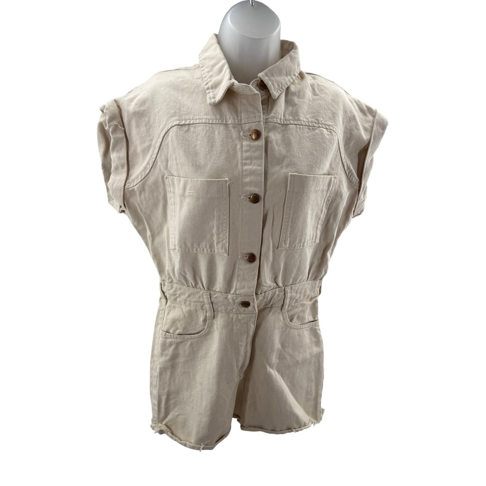 Zara Womens Cream Denim‎ Utility Romper Button Front Short Sleeve Size Medium
